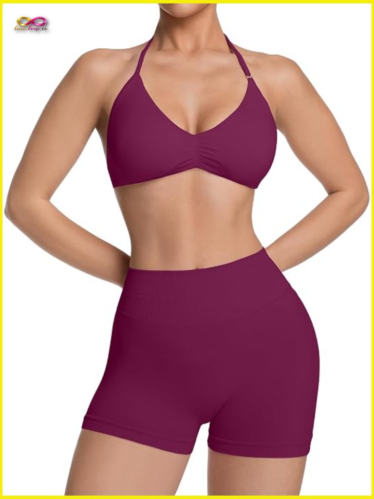 2 Piece Workout Sets For Women Halter Strappy Sports Bra With Seamless Ribbed